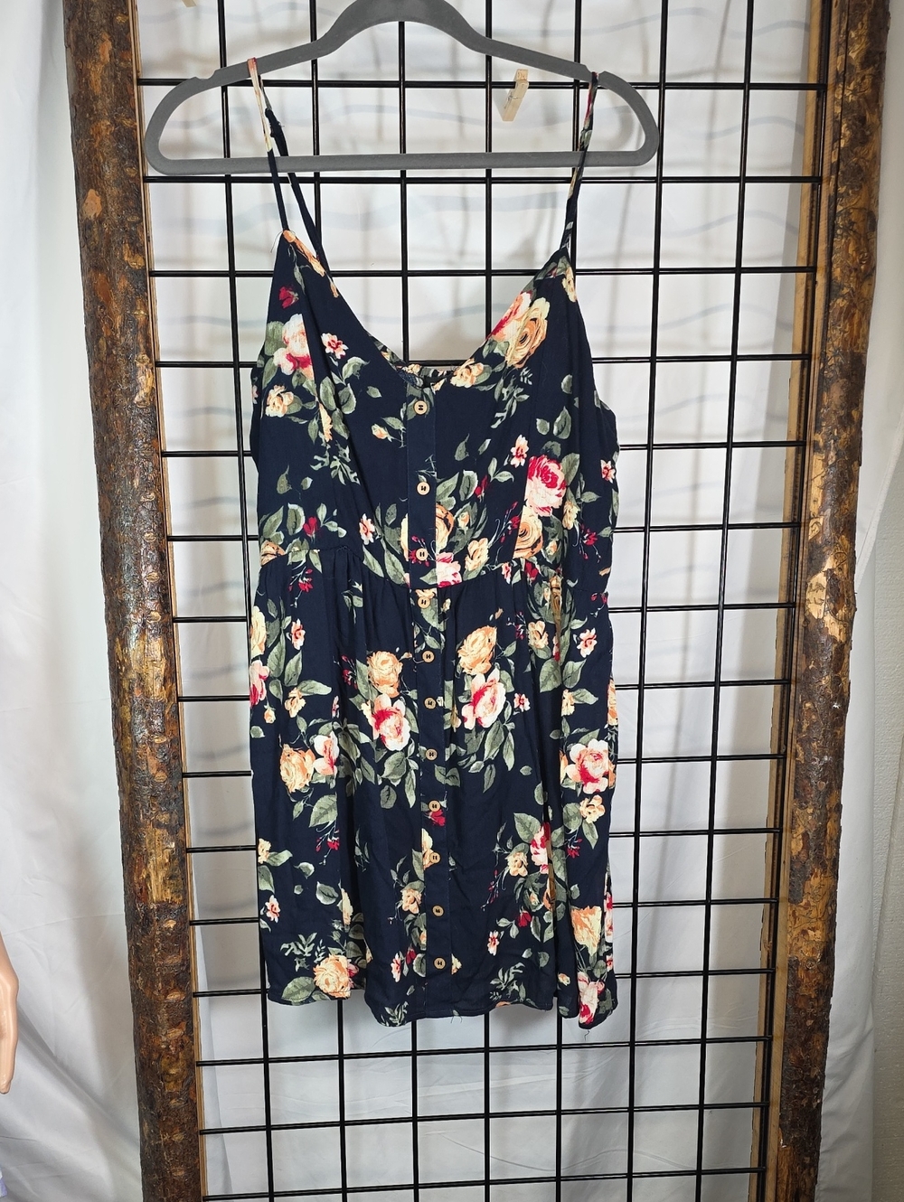 Rue21 Navy Floral Button-Front Tank Dress with Green and Peach Flowers